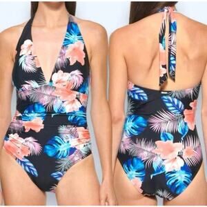 DKNY Women's One Piece Swimsuit Extra Large Black Pink Floral Halter Tie Neck